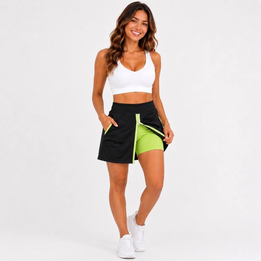 Belyn Key Golf Skort Medium Black Lime Green Zip Pocket Performance Athletic